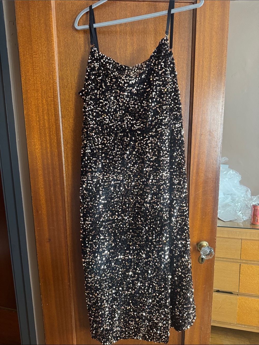 Rebdolls Black Sequin Midi Slip Dress with Gold Accents